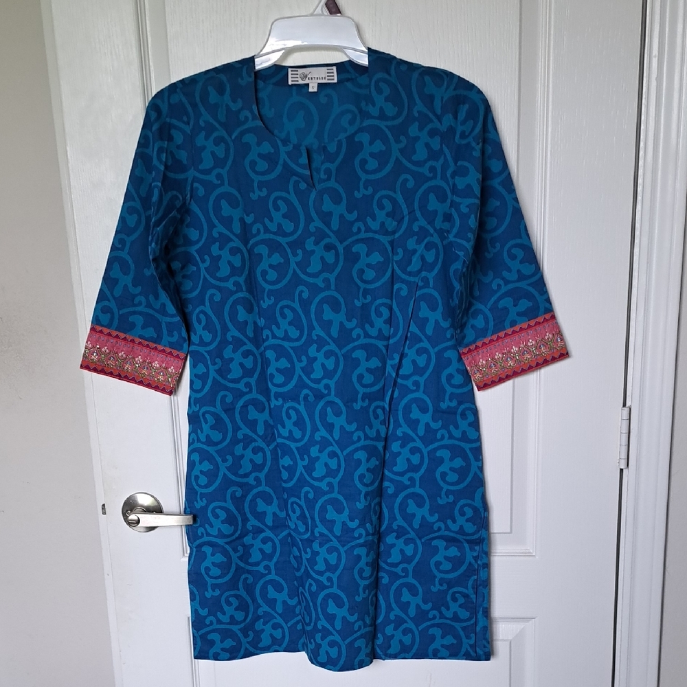 Blue Printed Kurta with Pink Accents